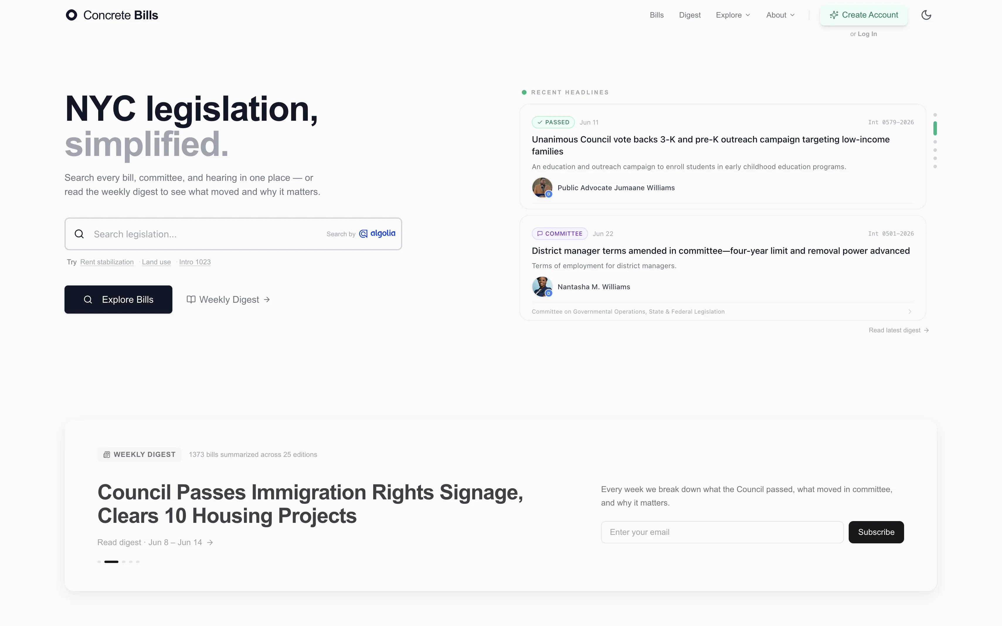 Concrete Bills — Home, with Algolia legislative search