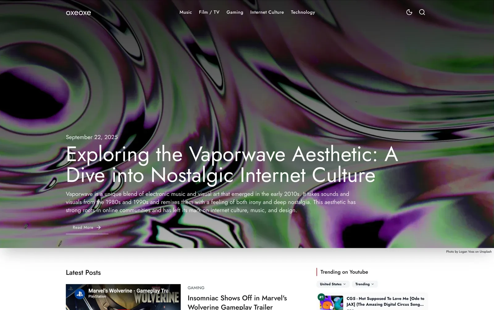 Oxeoxe — Homepage with a featured story