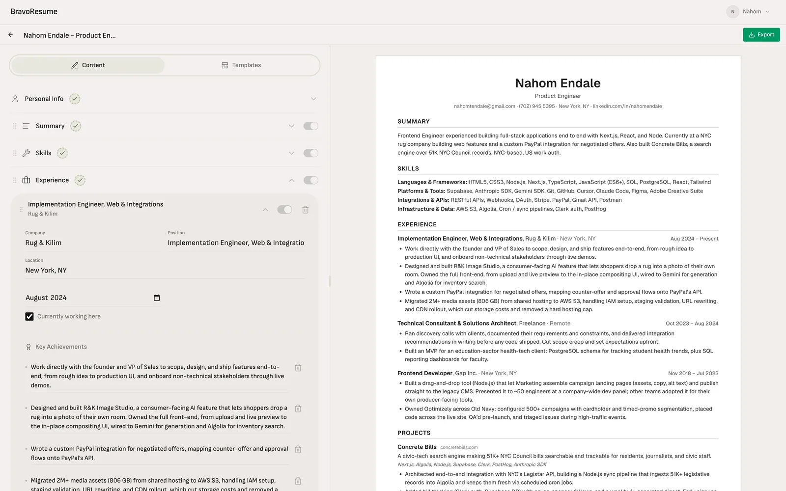 BravoResume split-pane editor with a live resume preview