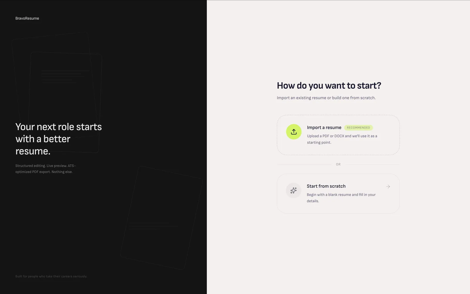 BravoResume start screen with AI resume import