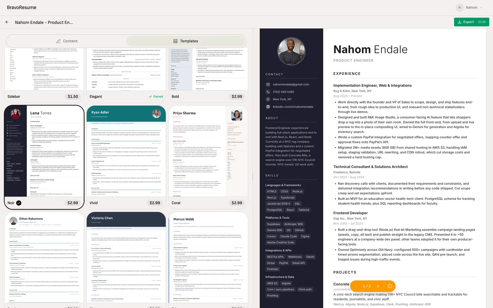 BravoResume template gallery with a resume preview