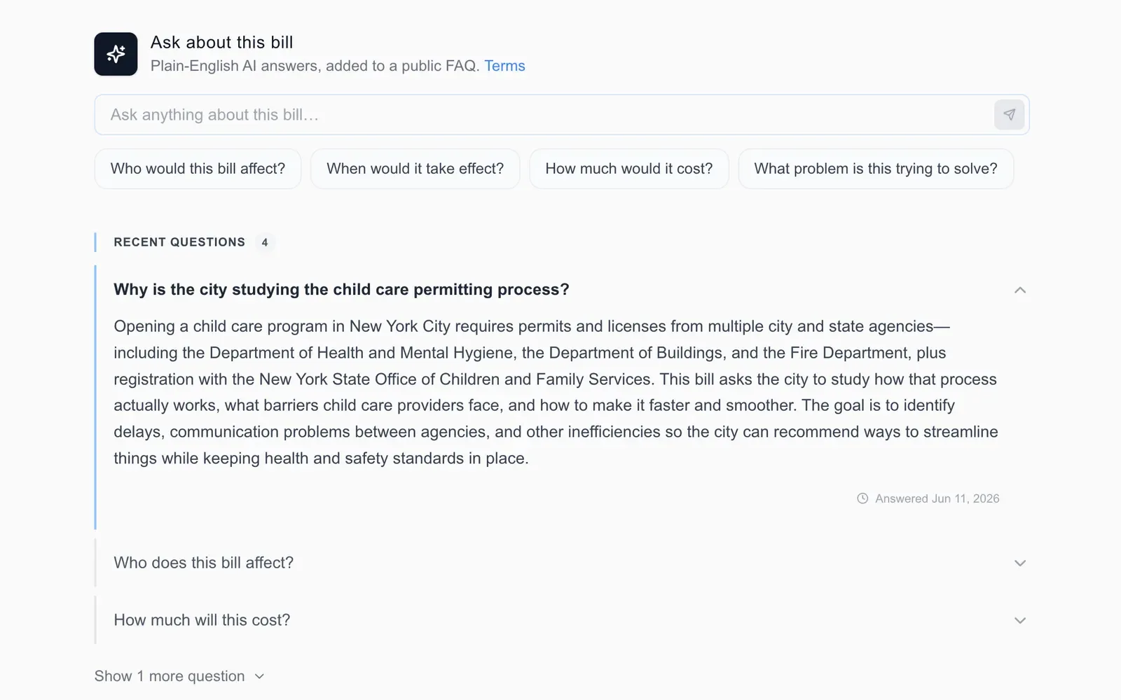 Ask-about-this-bill feature answering a question with a plain-English AI answer
