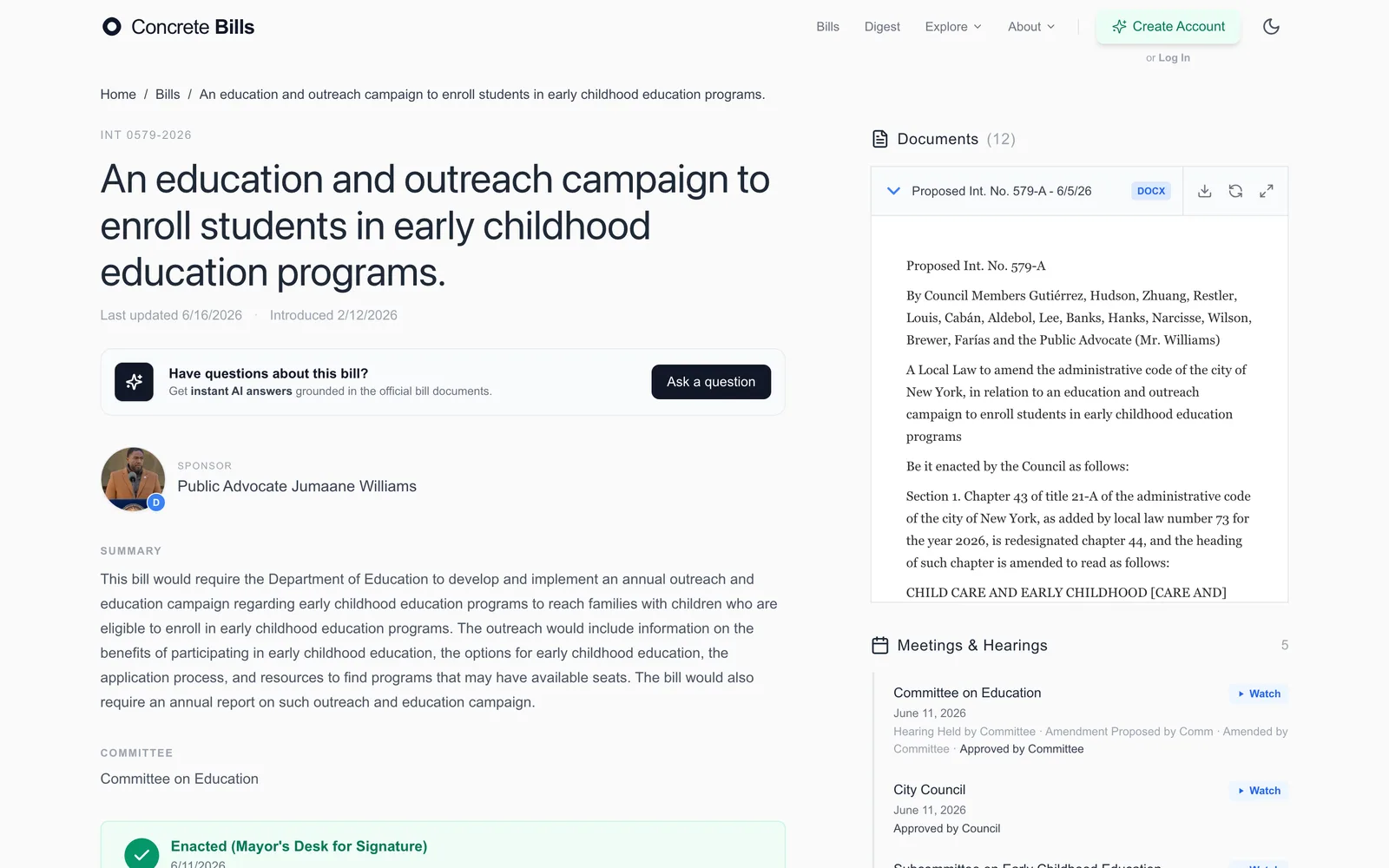 A bill page with AI summary, status, sponsor, and the bill document