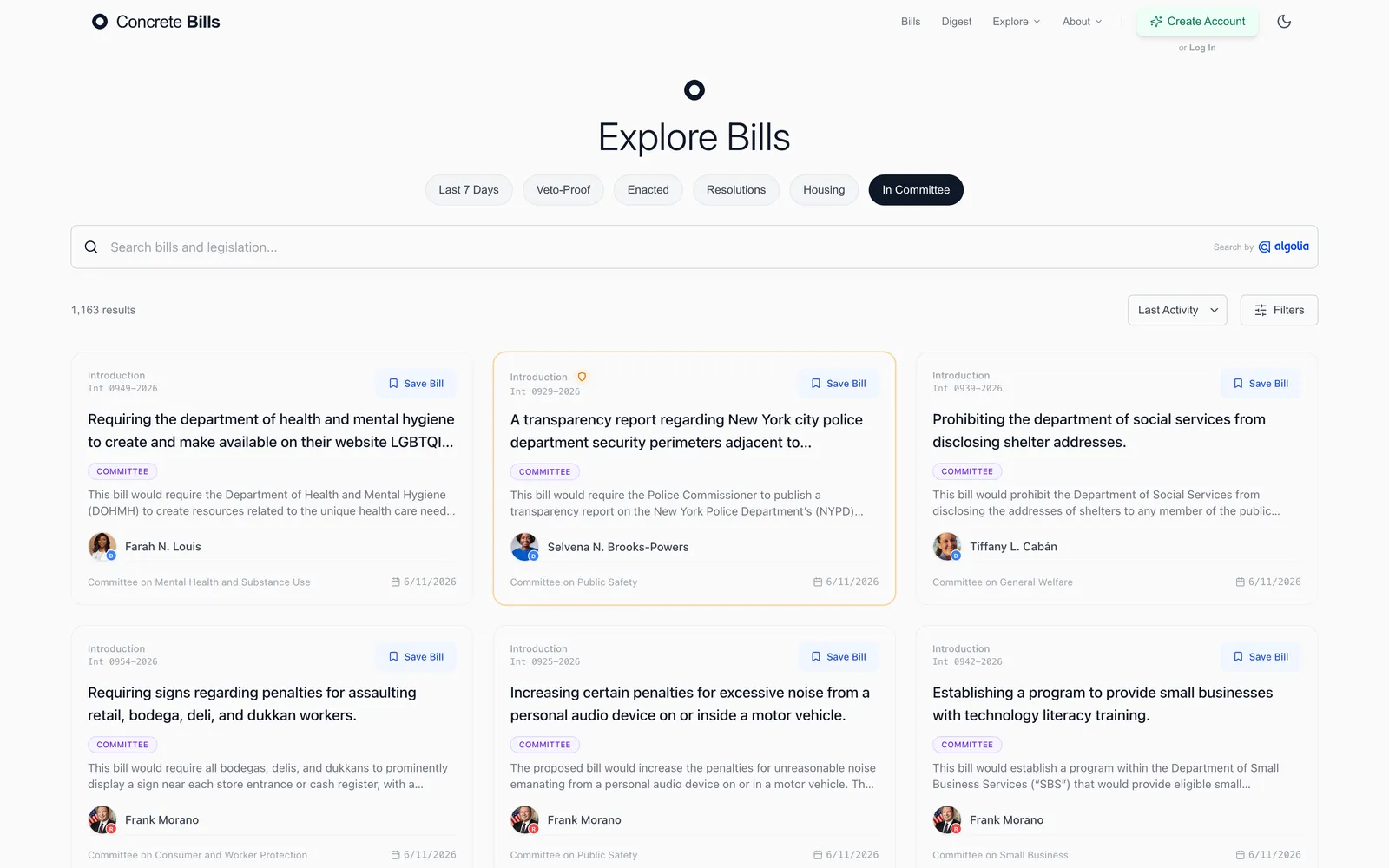 Explore Bills listing with search and filters across thousands of NYC bills