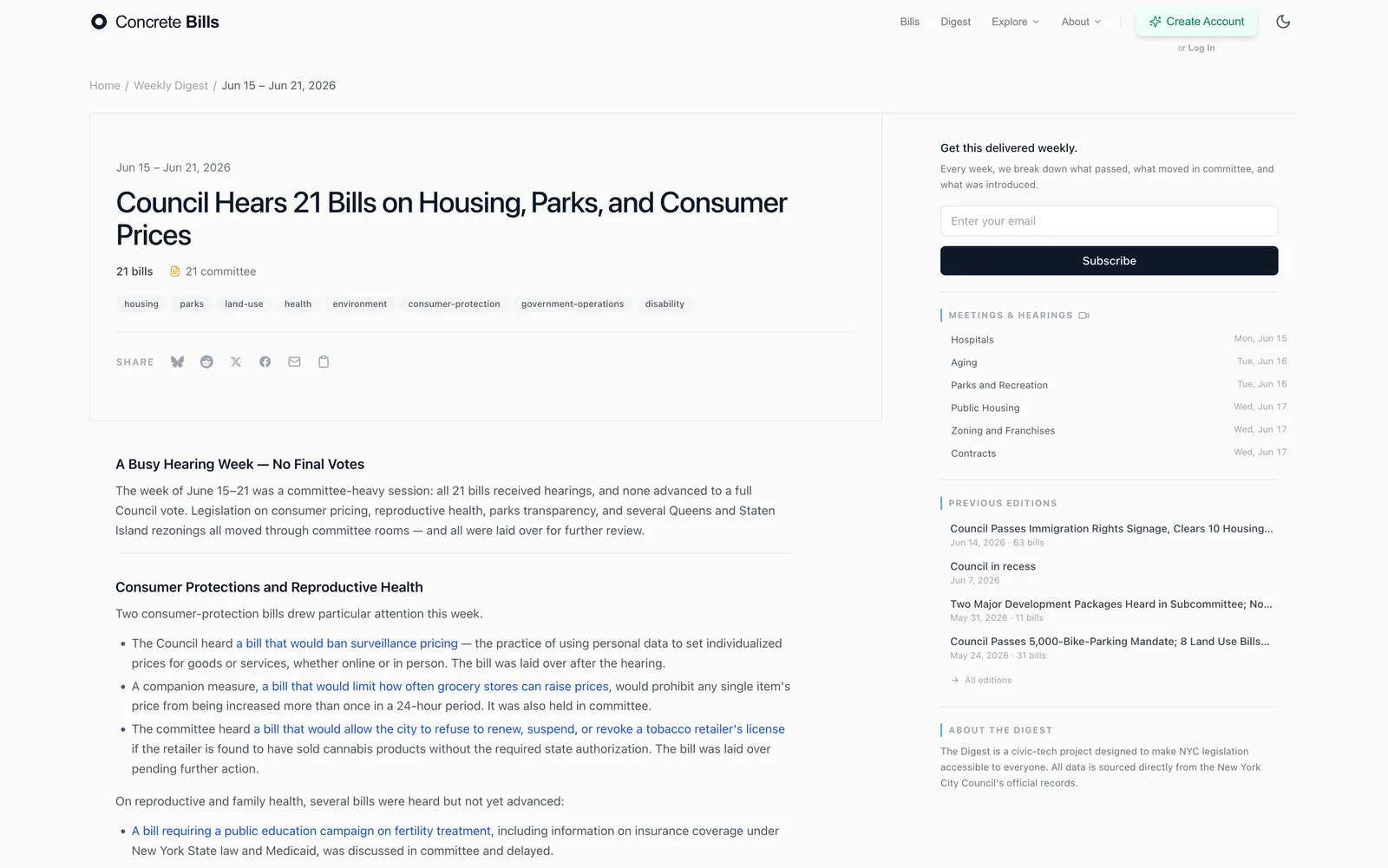 The weekly digest, an AI-written recap of the week's legislative activity