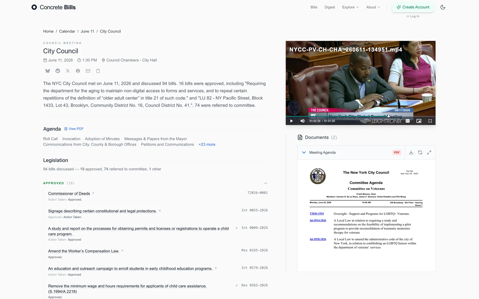 A City Council hearing page with the recorded video, agenda, and bills heard