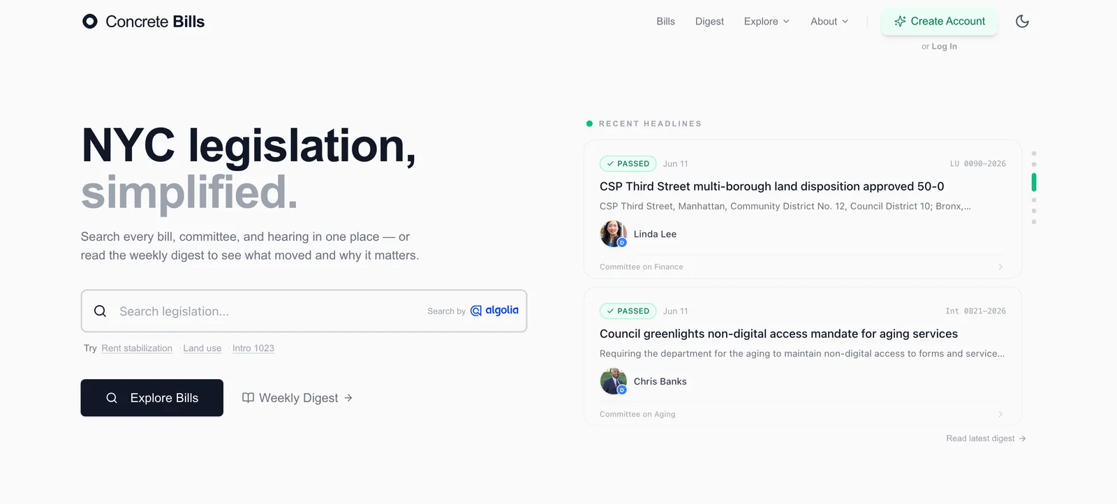 Concrete Bills home page with Algolia-powered legislative search