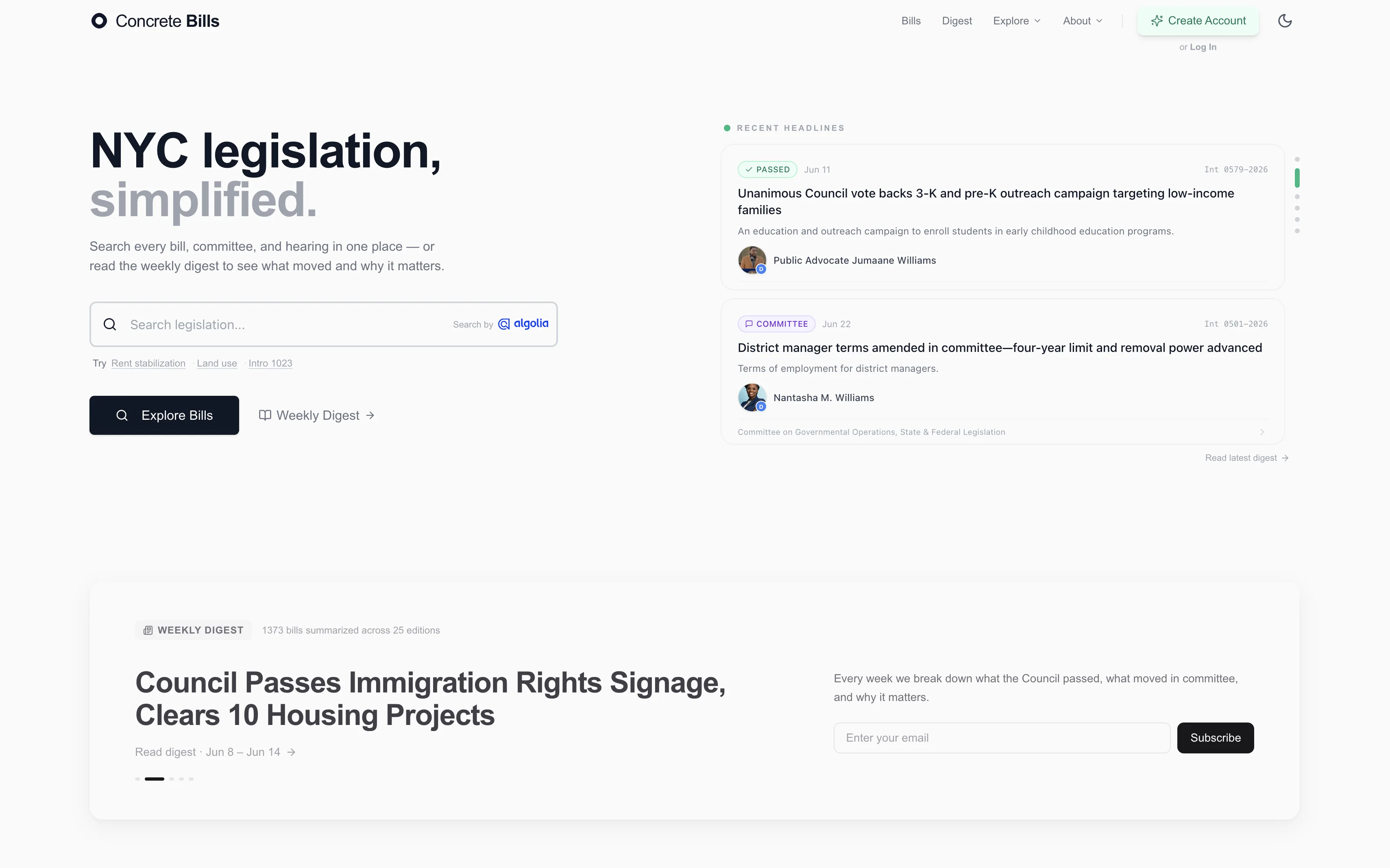 Concrete Bills home page with Algolia-powered legislative search