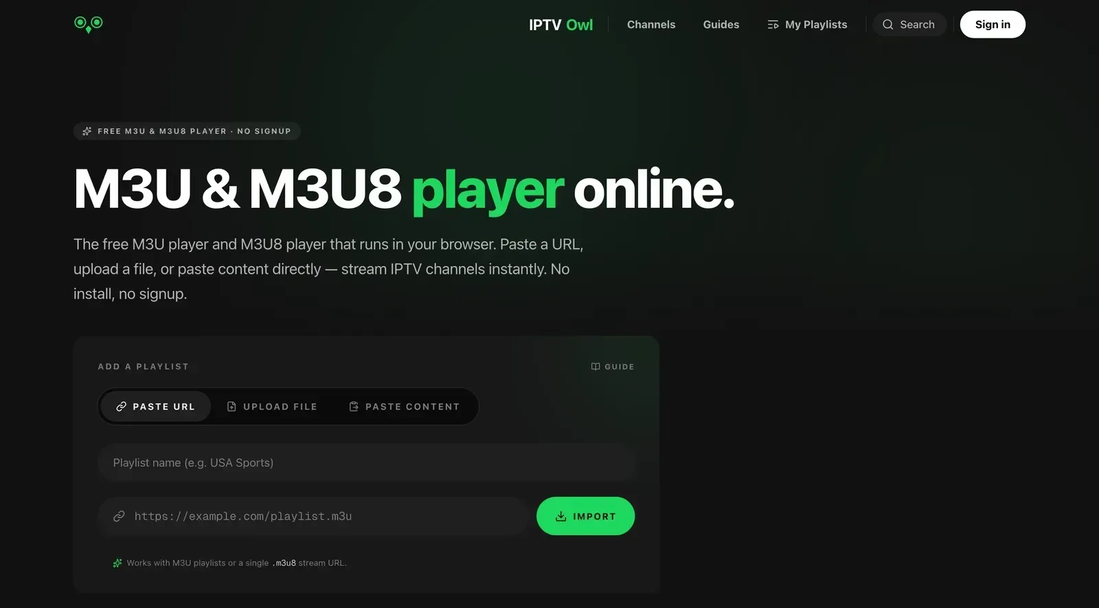 In-browser M3U and M3U8 playlist player tool
