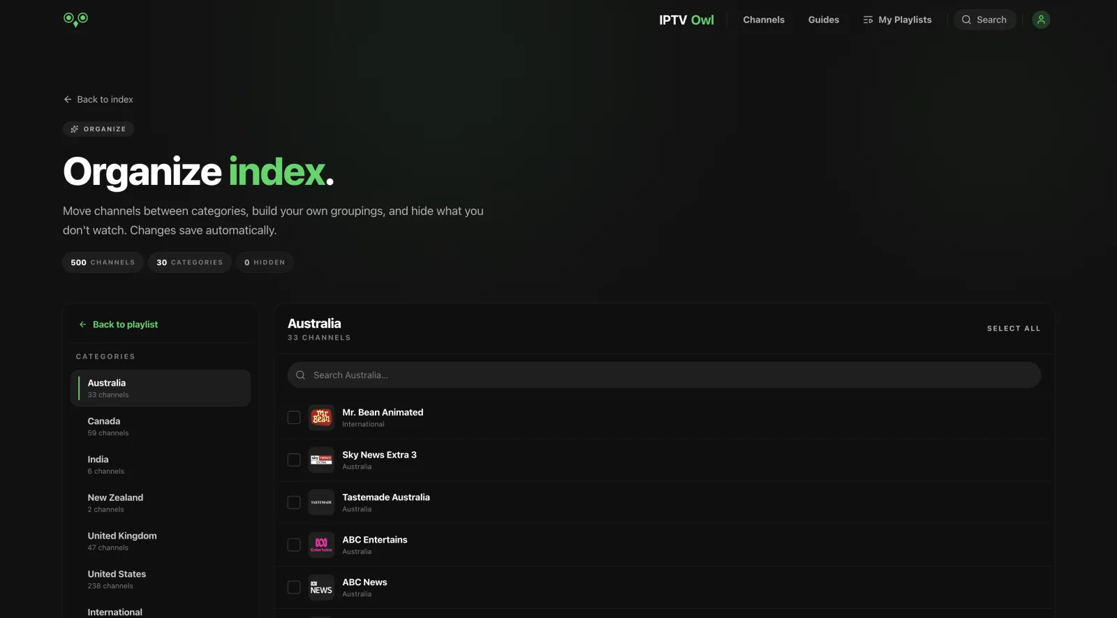 Playlist organize view for moving channels between custom categories