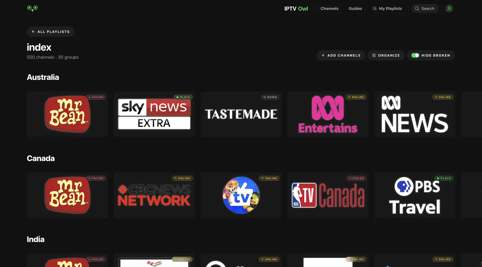 Imported playlist page with channels grouped by country and live status badges
