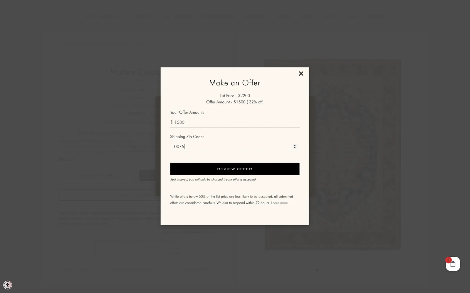 Make an Offer modal with list price and offer amount
