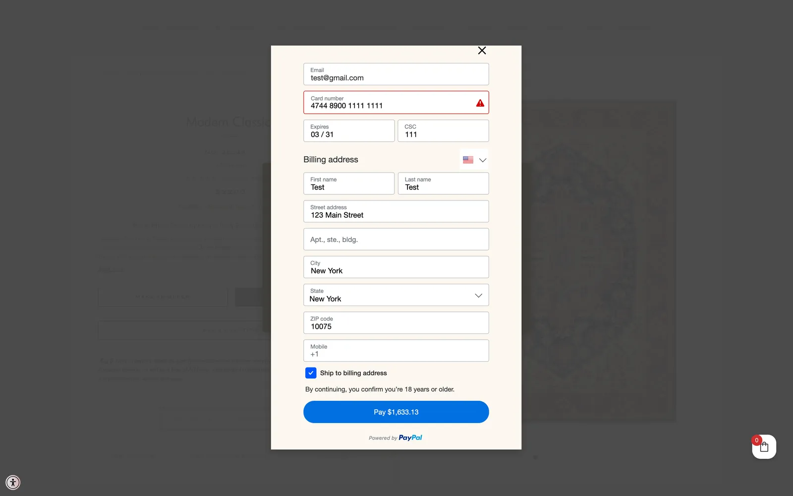 PayPal billing form authorizing a payment hold