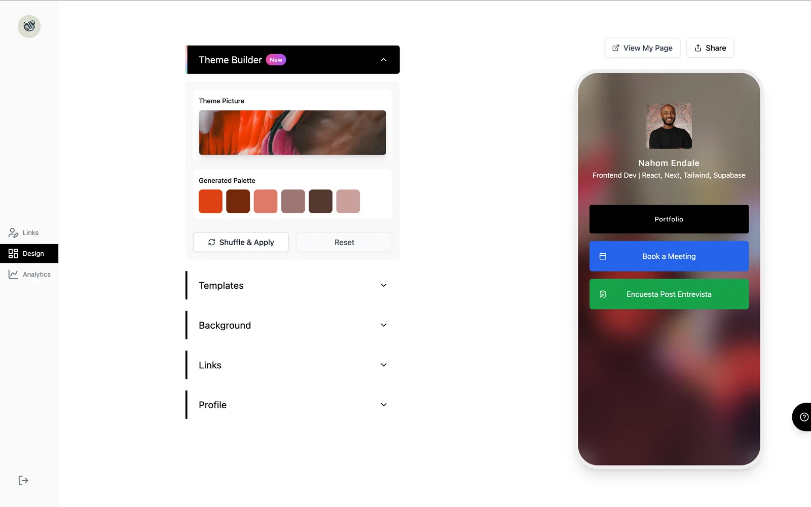 Olaa theme builder with color themes and a live preview