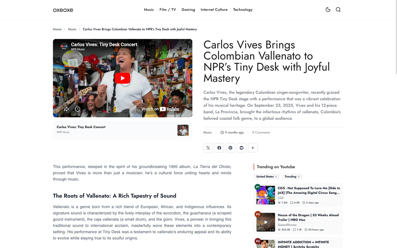 Oxeoxe article page about an NPR Tiny Desk performance