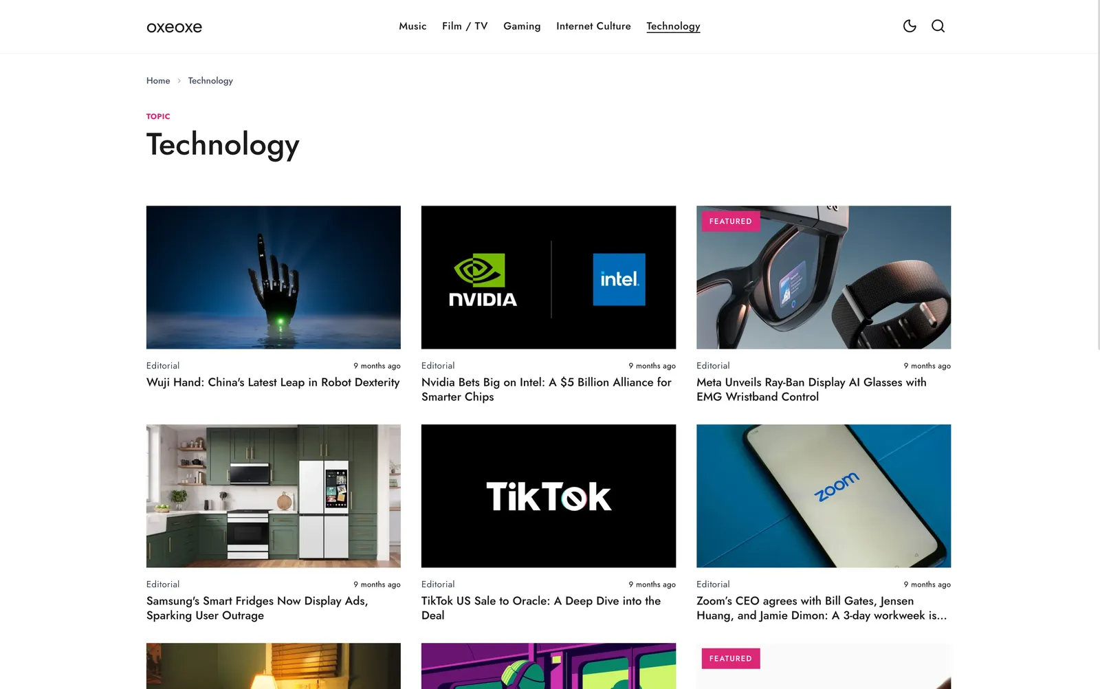 Oxeoxe Technology category page with article cards
