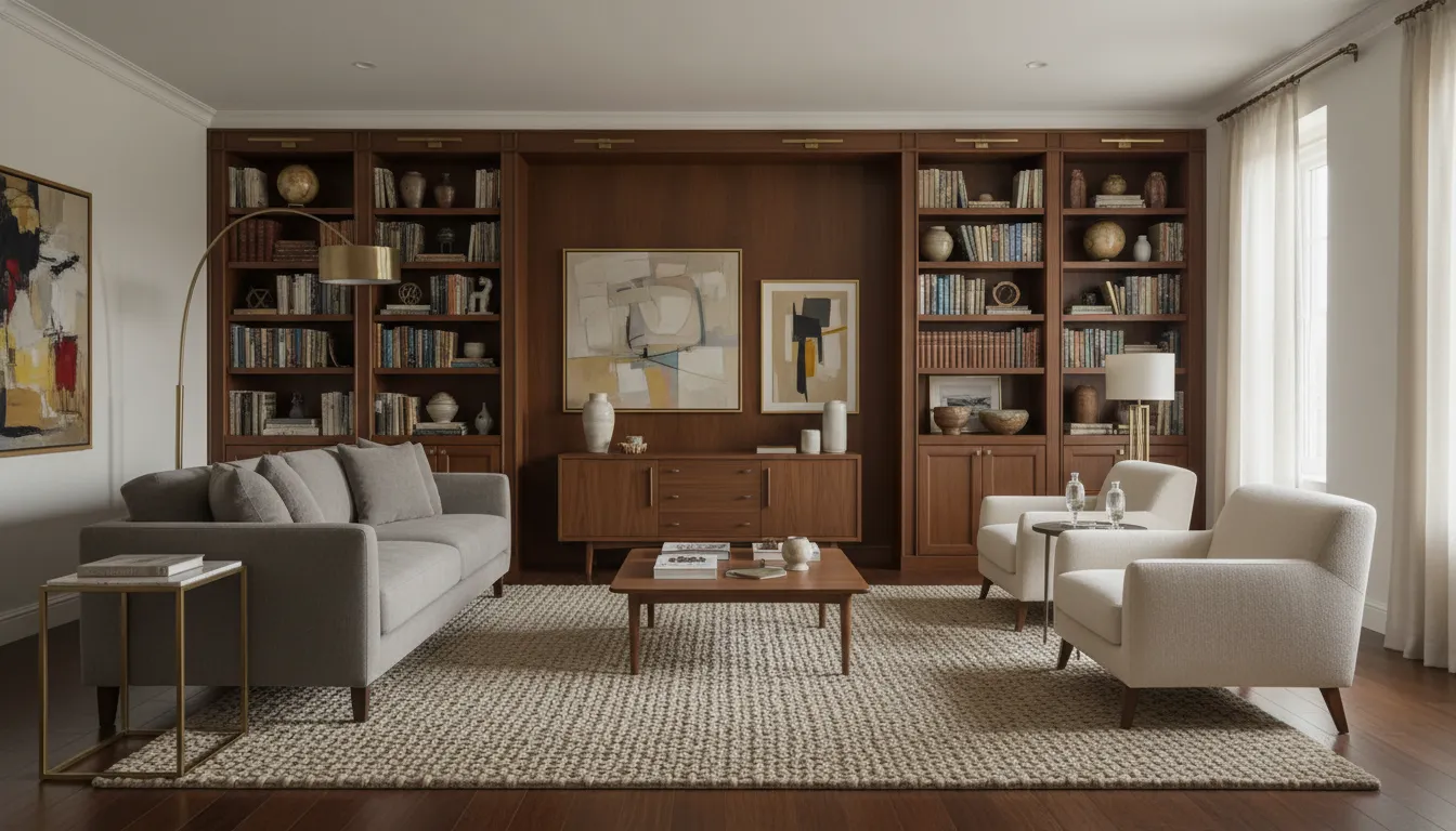 AI-generated living room with a stone fireplace and a Rug & Kilim rug