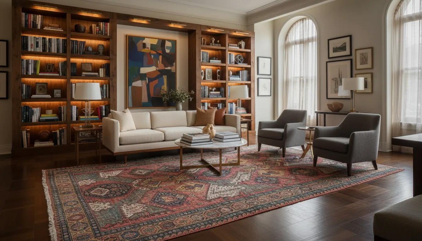 AI-generated wood-paneled library with a Rug & Kilim rug
