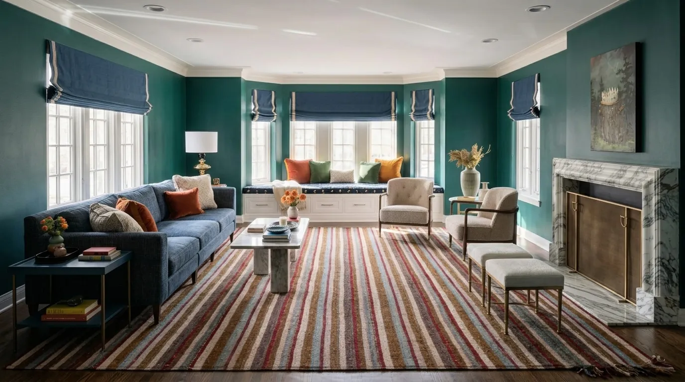 AI-generated teal living room with a striped Rug & Kilim rug
