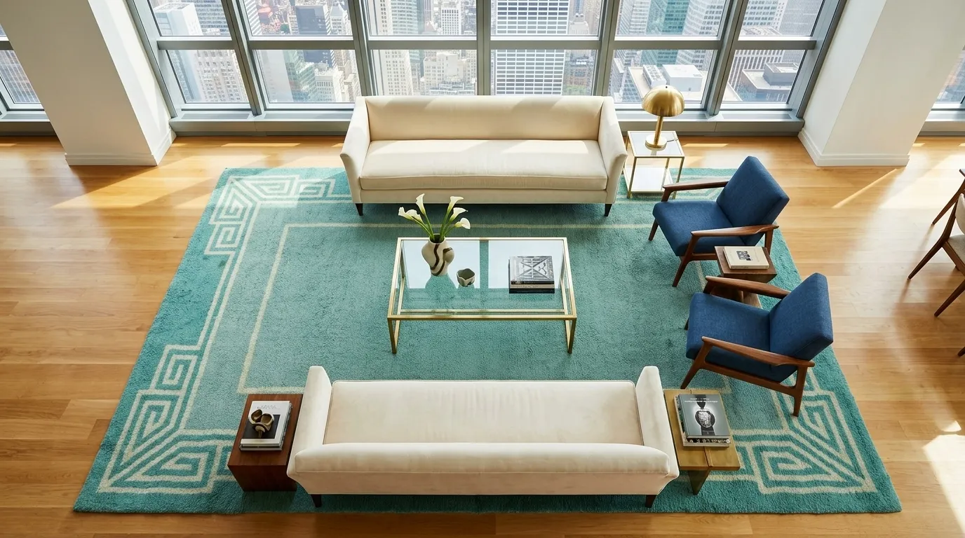 AI-generated bright contemporary room with a Rug & Kilim rug