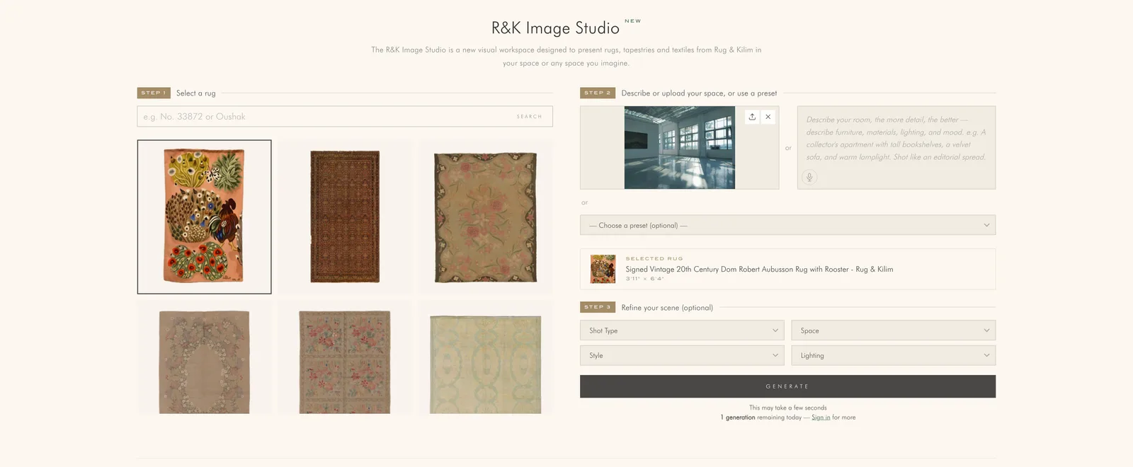 R&K Image Studio interface with catalog search and scene builder